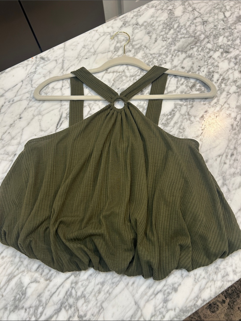 Free People Olive Green Ribbed Halter Tank with Ring